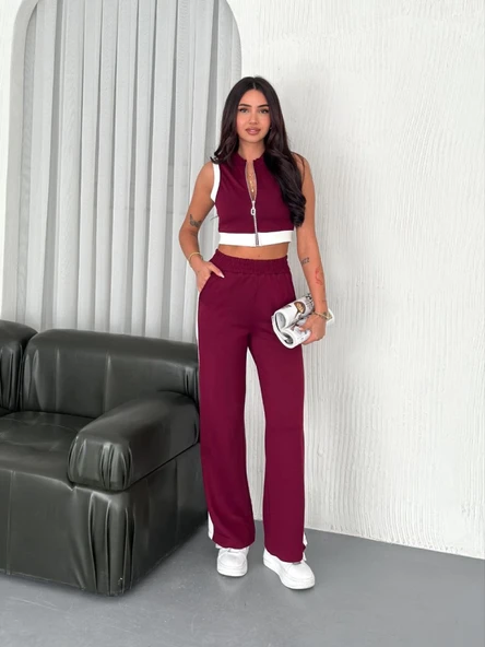 Osy Modal Yumuşak Dokulu Kumaş Tam Fermuarlı Crop Pantalon İkili Takım - Bordo