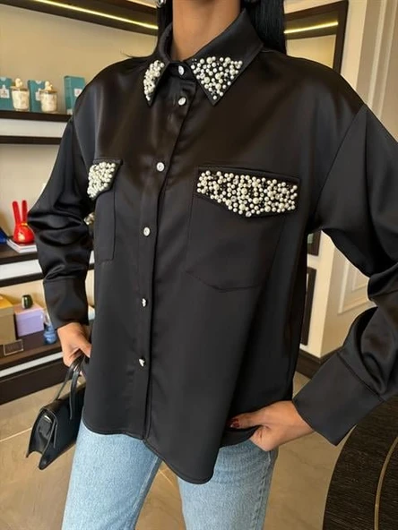 Yaka Ve Cep İnci Taşlı Saten Gömlek 3423 - 6