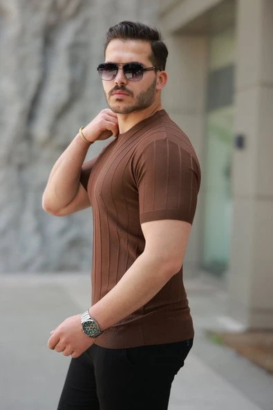 Erkek Kısa Kollu Bisiklet Yaka çizgili Triko Tişört - Resim 2