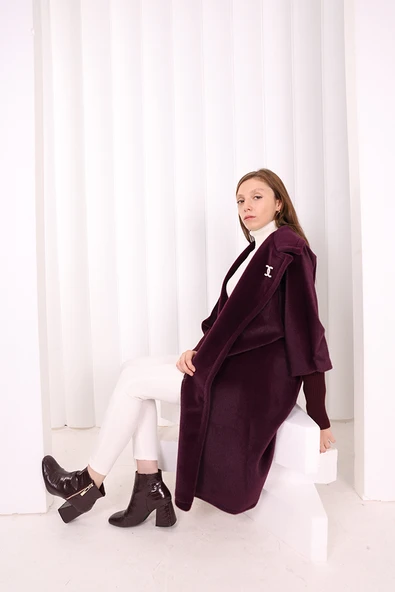 Bel Kuşaklı Yaka Taş Broş Detaylı Kaban 7874 Mor - Resim 3