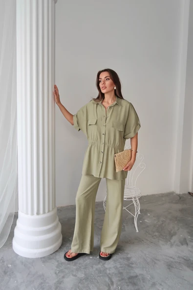 KETEN BELDEN BÜZGÜ DETAYLI GÖMLEK - PANTOLON TAKIM - Yeşil
