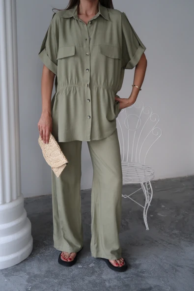 KETEN BELDEN BÜZGÜ DETAYLI GÖMLEK - PANTOLON TAKIM - Yeşil - 3