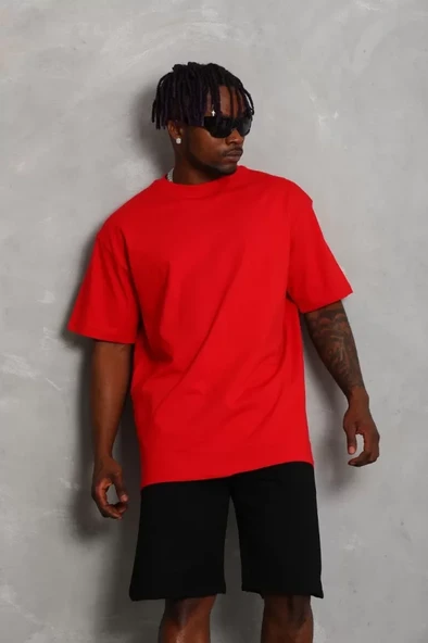 Unisex Oversize Düz Bisiklet Yaka T-Shirt - Kırmızı - Resim 4