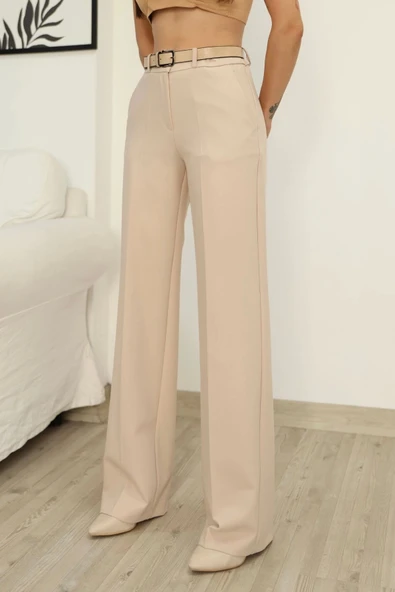 Cep Detaylı Beli Lastikli Kemerli Kumaş Pantolon 6157-Vizon - Resim 5