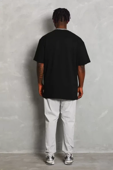 Unisex Oversize Düz Bisiklet Yaka T-Shirt - Siyah - 2