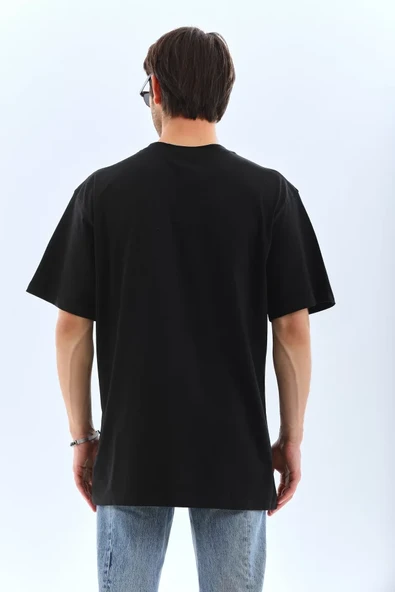 Unisex Oversize Taşlı Bisiklet Yaka T-Shirt - Siyah - 2