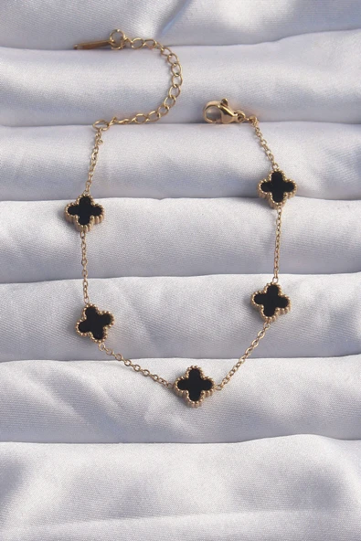 316L Çelik Baby Boy Gold Renk Siyah Mineli Yonca Bileklik ürün görseli 1