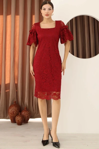 Kare Yaka Balon Kollu Dantel Elbise 6039-Bordo ürün görseli