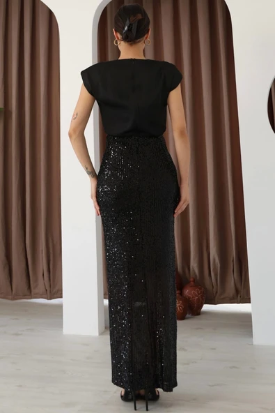 Saten Kombinli Payetli Kalem Elbise 6044-Siyah - Resim 7