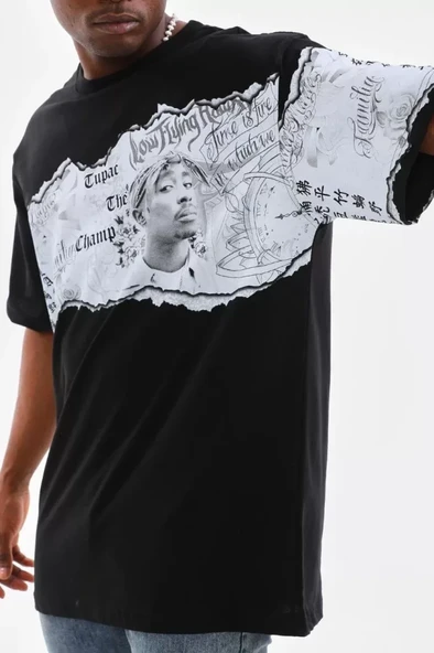 Unisex Bisiklet Yaka Baskılı Oversize T-Shirt - Siyah - Resim 4