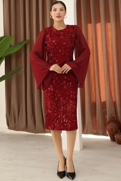 Pulpayet ve Şifon Kollu Kadife Midi Elbise 6045-Bordo - Resim 2