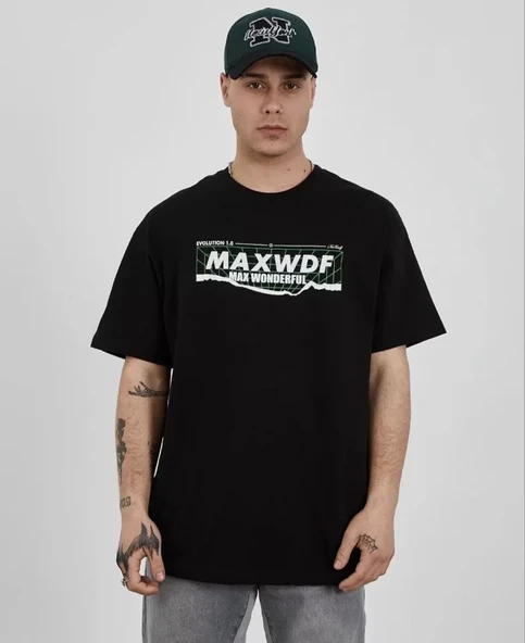 Unisex Bisiklet Yaka Baskılı Oversize T-Shirt - Siyah ürün görseli 1