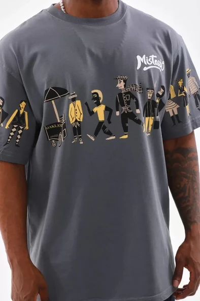 Unisex Bisiklet Yaka Baskılı Oversize T-Shirt - Gri - Resim 2