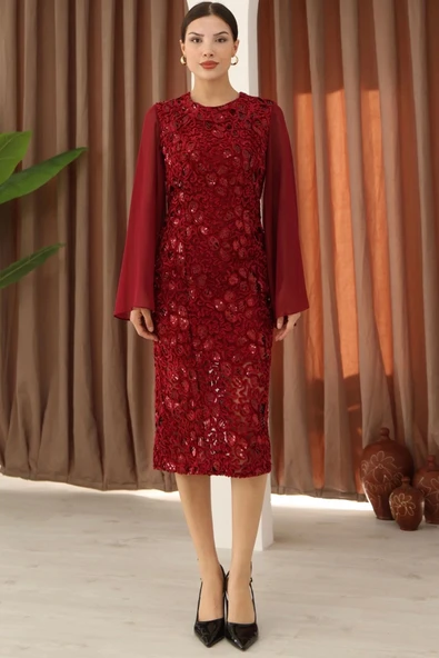 Pulpayet ve Şifon Kollu Kadife Midi Elbise 6045-Bordo - Resim 6