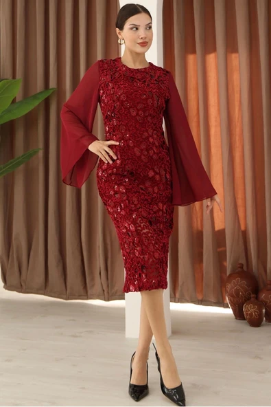 Pulpayet ve Şifon Kollu Kadife Midi Elbise 6045-Bordo - Resim 5