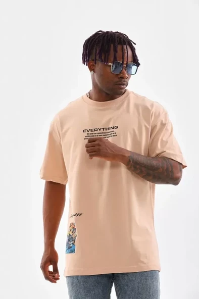 Unisex Bisiklet Yaka Baskılı Oversize T-Shirt - Bej ürün görseli 1