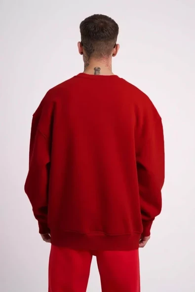 Unisex Biskilet Yaka Üç İplik SweatShirt - Kırmızı - 2