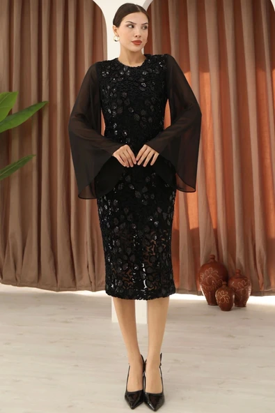 Pulpayet ve Şifon Kollu Kadife Midi Elbise 6045-Siyah - Resim 2