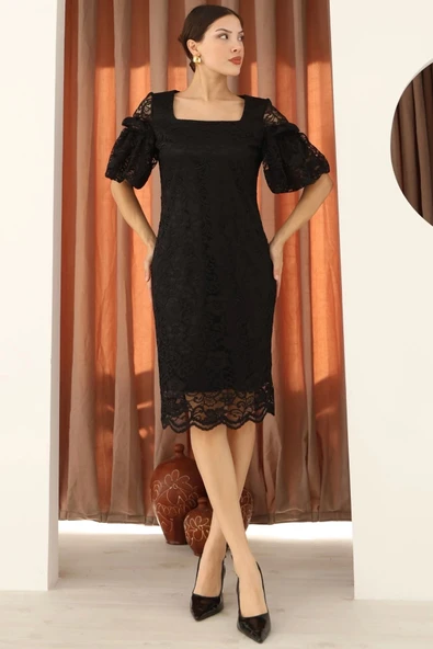 Kare Yaka Balon Kollu Dantel Elbise 6039-Siyah - Resim 3