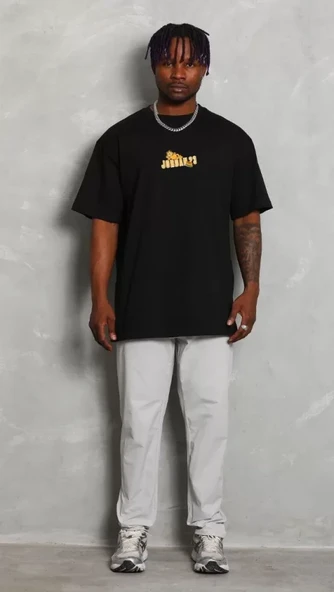 Unisex Bisiklet Yaka Baskılı Oversize T-Shirt - Siyah ürün görseli 1