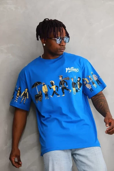 Unisex Bisiklet Yaka Baskılı Oversize T-Shirt - Mavi - 1