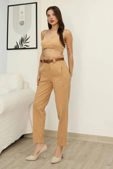 Kemer Detaylı Pileli Gabardin Kumaş Pantolon 6158-Camel - Resim 2