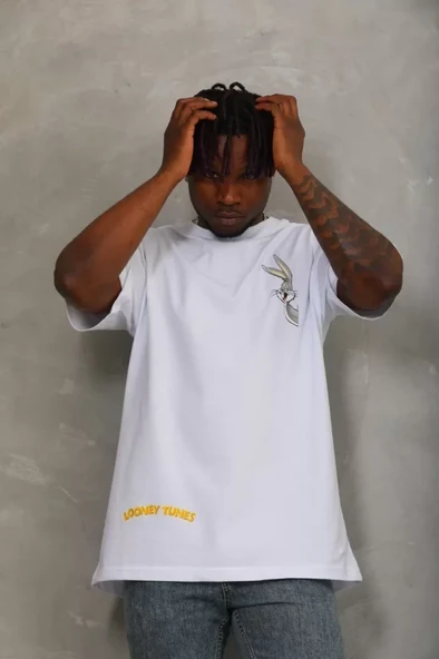 Unisex Oversize Baskılı Bisiklet Yaka T-Shirt - Beyaz - 4