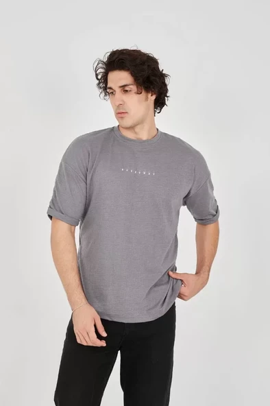 Unisex Jakar Kumaş Rahat Kol T-Shirt - Gri - 1