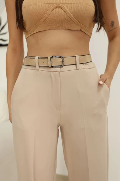 Cep Detaylı Beli Lastikli Kemerli Kumaş Pantolon 6157-Vizon - Resim 4