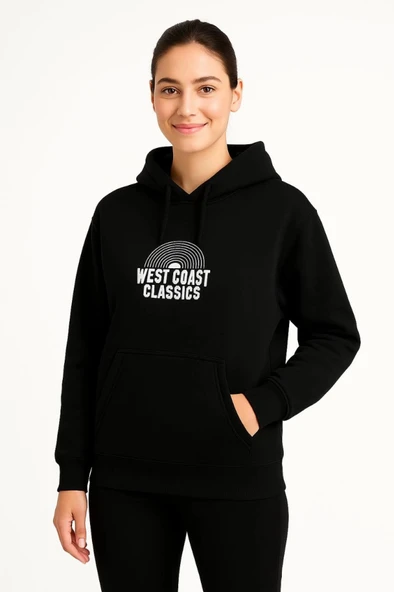 Üç İplik Kapüşonlu Ön Ve Arka Baskılı SweatShirt Hoodie - Siyah - 2