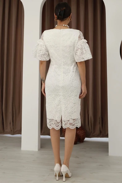 Kare Yaka Balon Kollu Dantel Elbise 6039-Beyaz - Resim 7