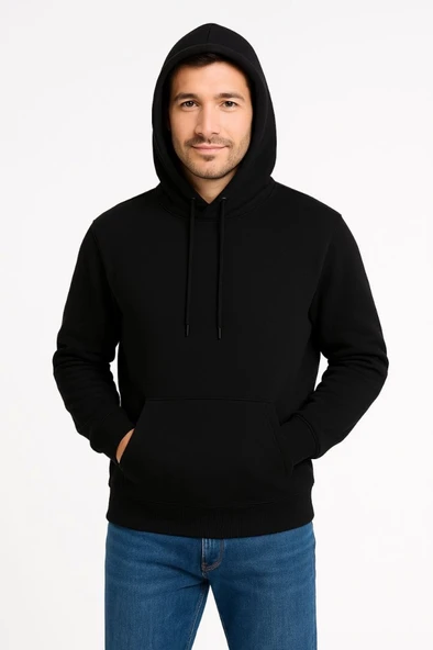 Erkek Üç İplik Kapüşonlu Kanguru Cepli SweatShirt Hoodie - Siyah - 2