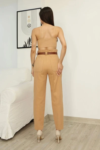 Kemer Detaylı Pileli Gabardin Kumaş Pantolon 6158-Camel - Resim 6