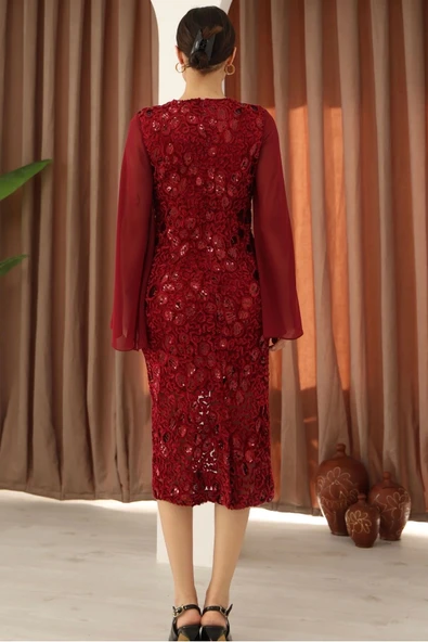 Pulpayet ve Şifon Kollu Kadife Midi Elbise 6045-Bordo - Resim 7