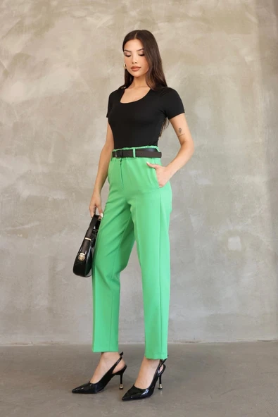 Kemer Detaylı Beli Lastikli Kumaş Pantolon 6163-Yeşil - Resim 2