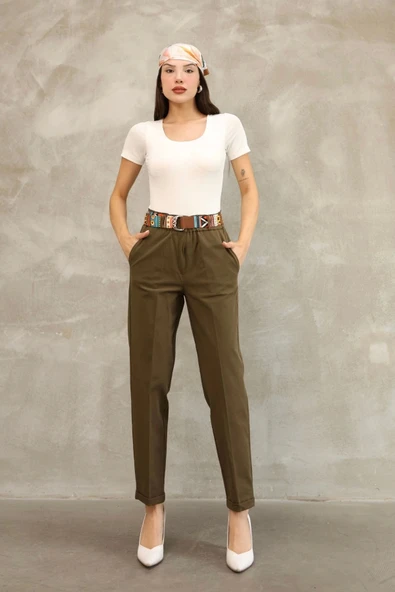Etnik Desen Kemerli Gabardin Kumaş Pantolon 6176-Haki - 4