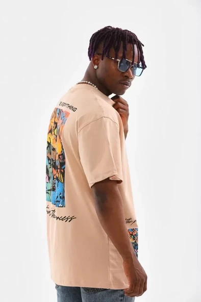 Unisex Bisiklet Yaka Baskılı Oversize T-Shirt - Bej - Resim 4