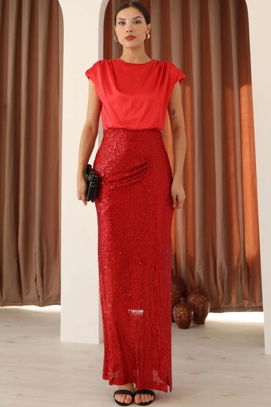 Saten Kombinli Payetli Kalem Elbise 6044-Kırmızı ürün görseli