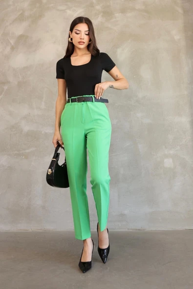Kemer Detaylı Beli Lastikli Kumaş Pantolon 6163-Yeşil - Resim 3