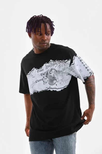 Unisex Bisiklet Yaka Baskılı Oversize T-Shirt - Siyah - Resim 3