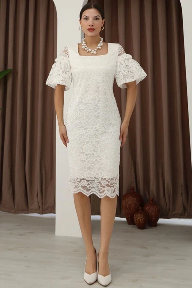 Kare Yaka Balon Kollu Dantel Elbise 6039-Beyaz - Resim 6