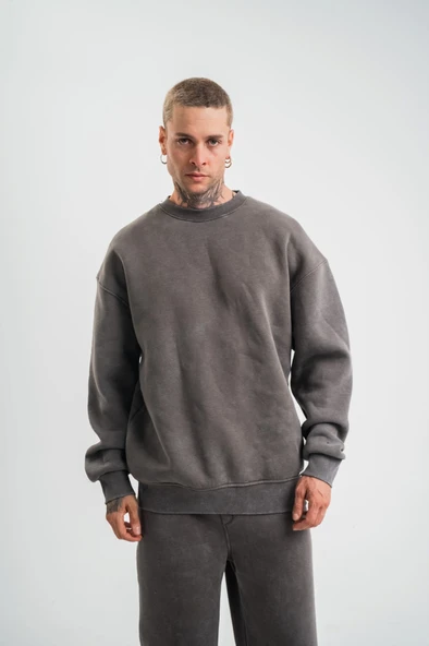 Unisex Uzun Kol Bisiklet Yaka Yıkamalı SweatShirt - Füme - 2