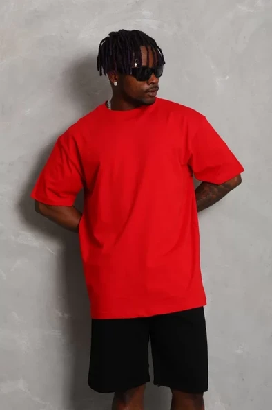 Unisex Oversize Düz Bisiklet Yaka T-Shirt - Kırmızı - Resim 3