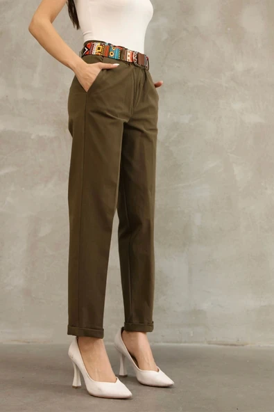Etnik Desen Kemerli Gabardin Kumaş Pantolon 6176-Haki - 5