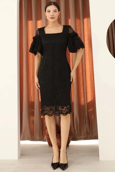 Kare Yaka Balon Kollu Dantel Elbise 6039-Siyah ürün görseli