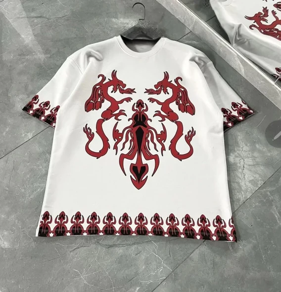 Unisex Bisiklet Yaka Baskılı Oversize T-Shirt - Beyaz ürün görseli 1