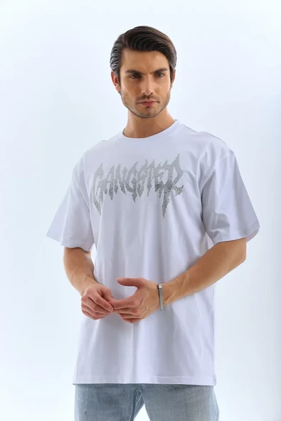 Unisex Oversize Taşlı Bisiklet Yaka T-Shirt - Beyaz - Resim 4