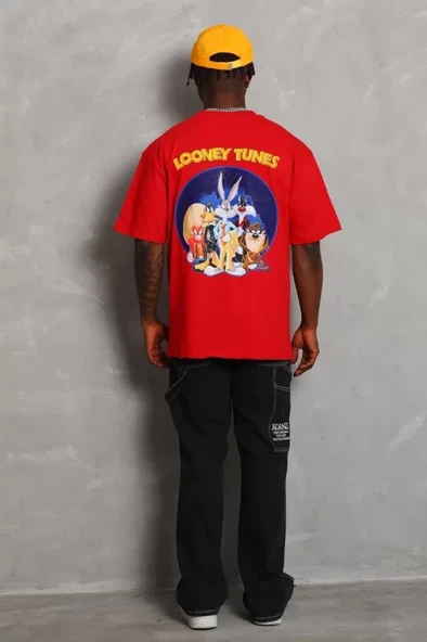 Unisex Oversize Baskılı Bisiklet Yaka T-Shirt - Kırmızı - 4