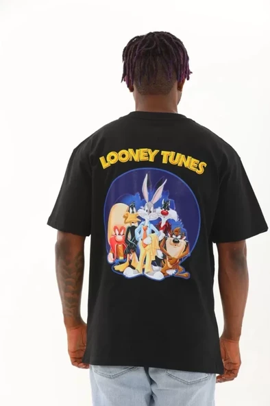 Unisex Oversize Baskılı Bisiklet Yaka T-Shirt - Siyah - Resim 4