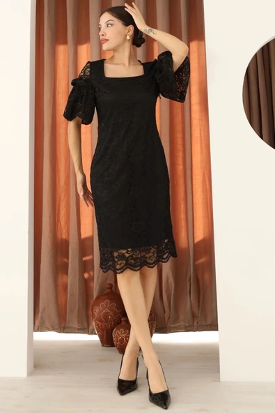 Kare Yaka Balon Kollu Dantel Elbise 6039-Siyah - Resim 2